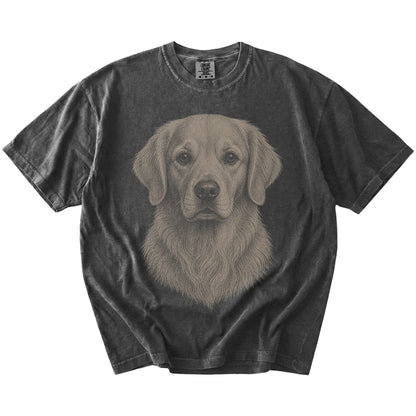 A realistic drawing of a Golden Retriever on a Pepper Comfort Colors® T-shirt