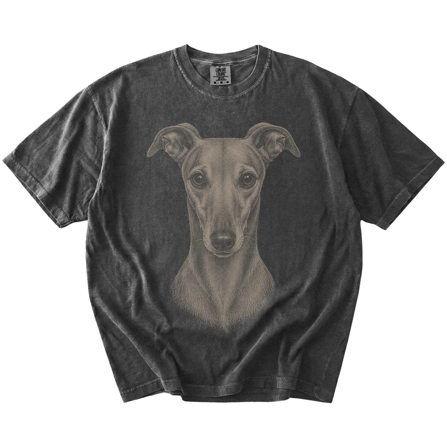A realistic drawing of a Greyhound on a Pepper Comfort Colors® T-shirt