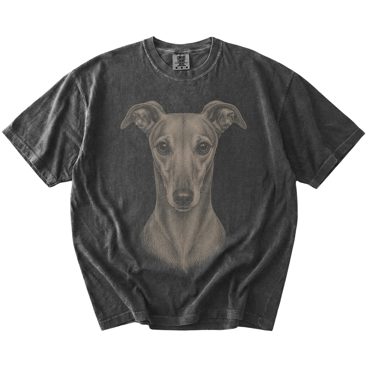 A realistic drawing of a Greyhound on a Pepper Comfort Colors® T-shirt