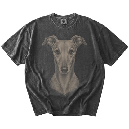 A realistic drawing of a Greyhound on a Pepper Comfort Colors® T-shirt