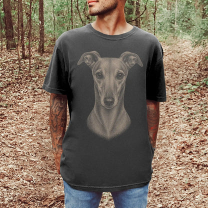 Model wearing a Pepper Comfort Colors® T-shirt with a realistic drawing of a Greyhound