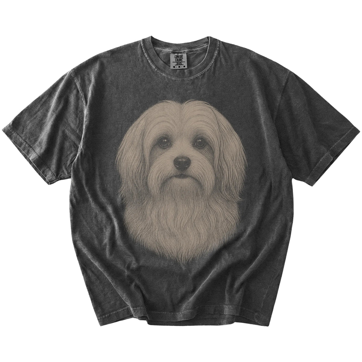 A realistic drawing of a Havanese on a Pepper Comfort Colors® T-shirt