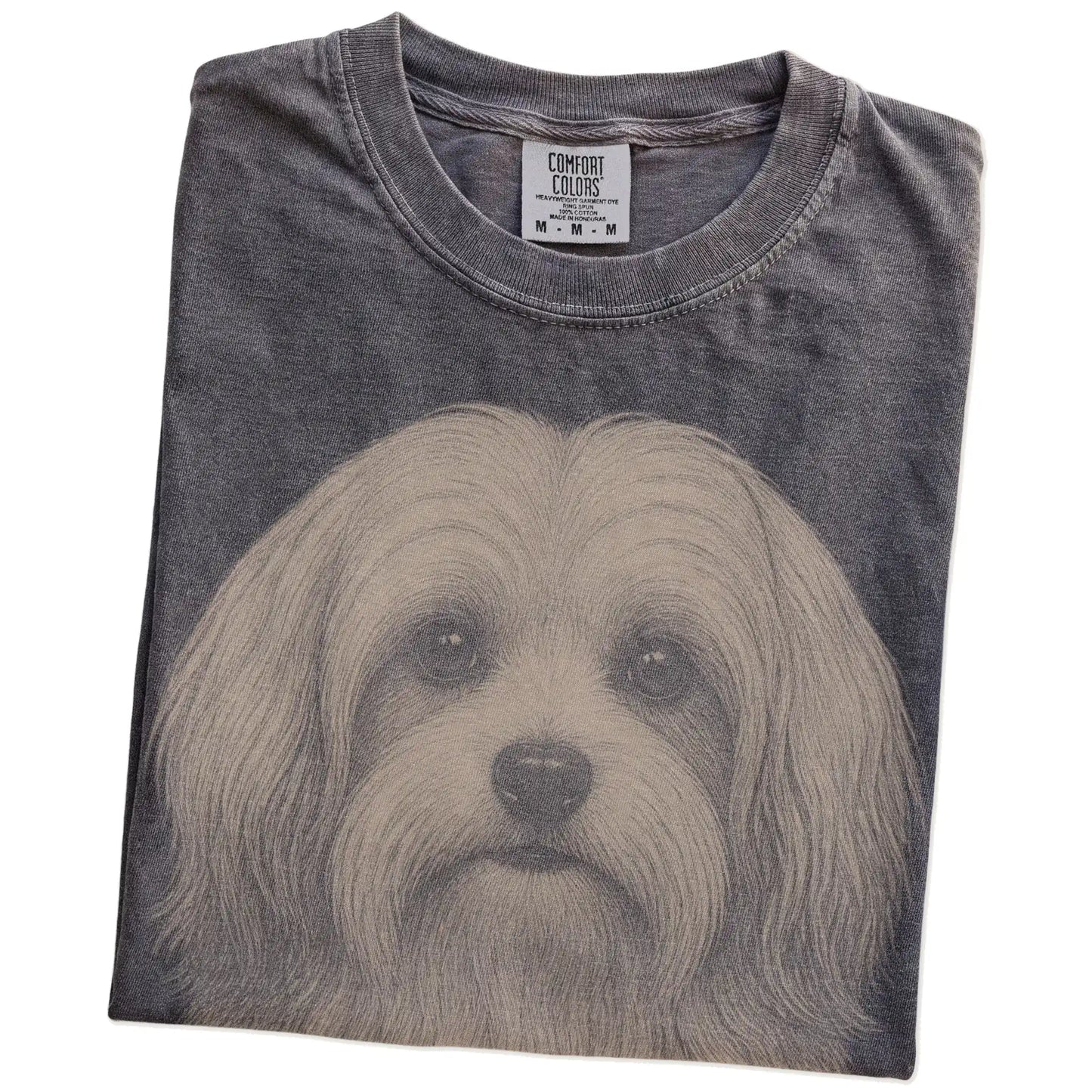 Folded Pepper Comfort Colors® T-shirt showing a realistic drawing of a Havanese