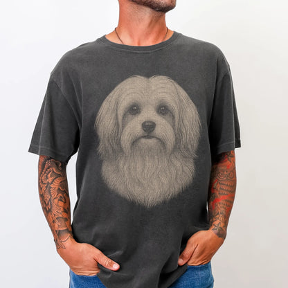 Model wearing a Pepper Comfort Colors® T-shirt with a realistic drawing of a Havanese