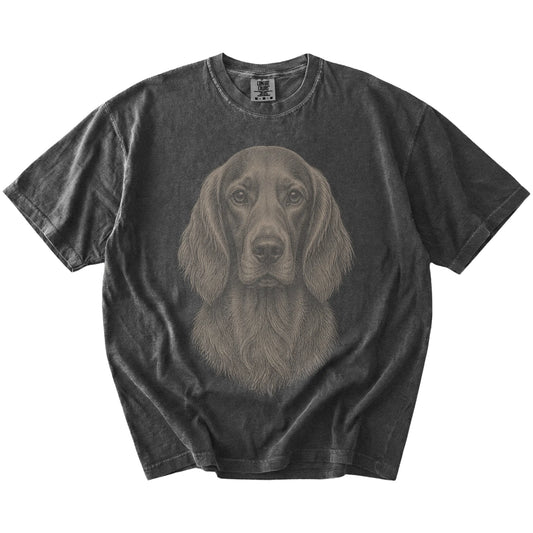 A realistic drawing of a Irish Setter on a Pepper Comfort Colors® T-shirt