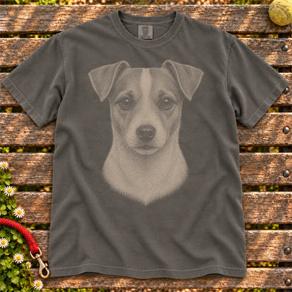 Realistic Drawing Jack Russell design on a Pepper Comfort Colors T-shirt, shown flat