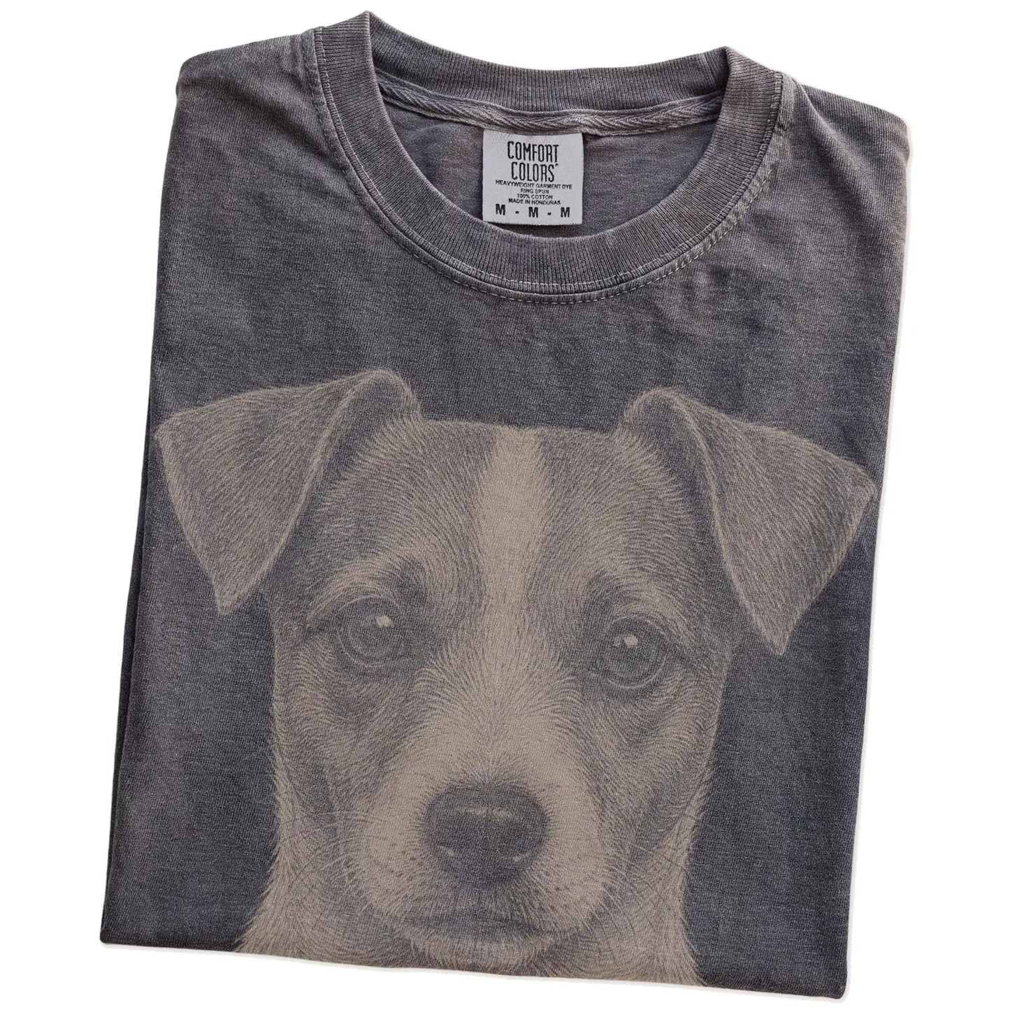 Folded Pepper Comfort Colors® T-shirt showing a realistic drawing of a Jack Russell