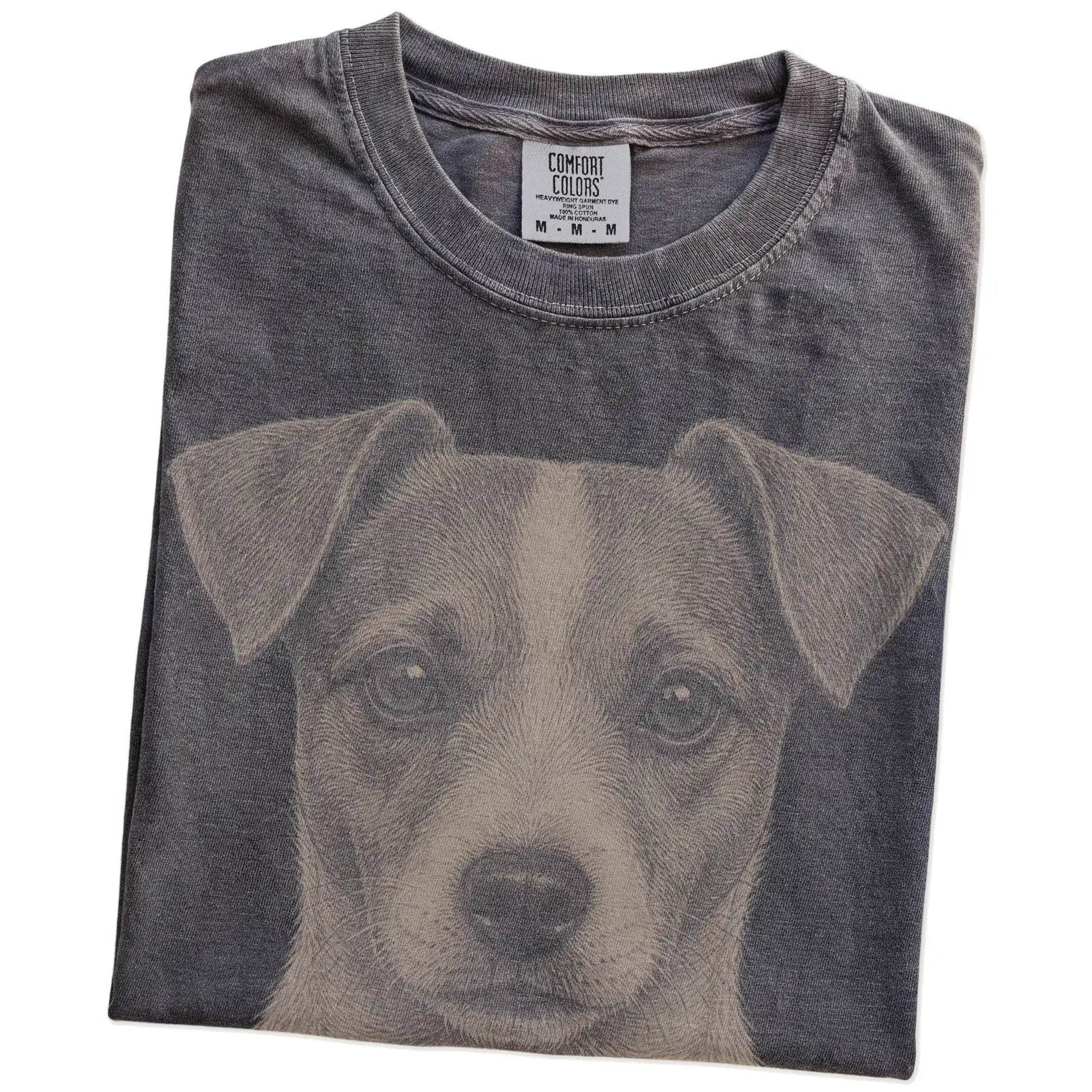 Folded Pepper Comfort Colors® T-shirt showing a realistic drawing of a Jack Russell