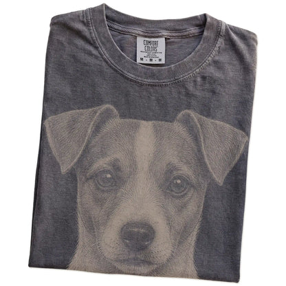 Folded Pepper Comfort Colors® T-shirt showing a realistic drawing of a Jack Russell