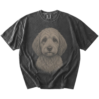 A realistic drawing of a Labradoodle on a Pepper Comfort Colors® T-shirt