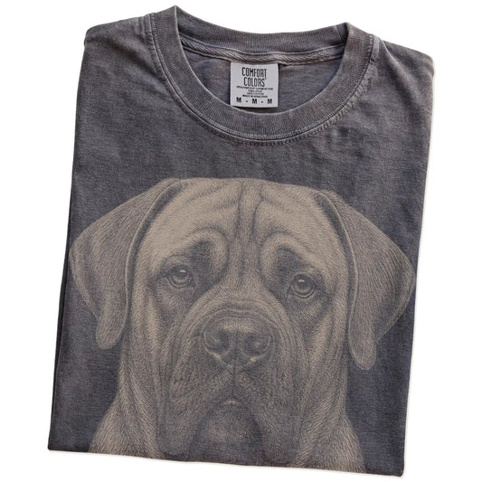 Folded Pepper Comfort Colors® T-shirt showing a realistic drawing of a Mastiff