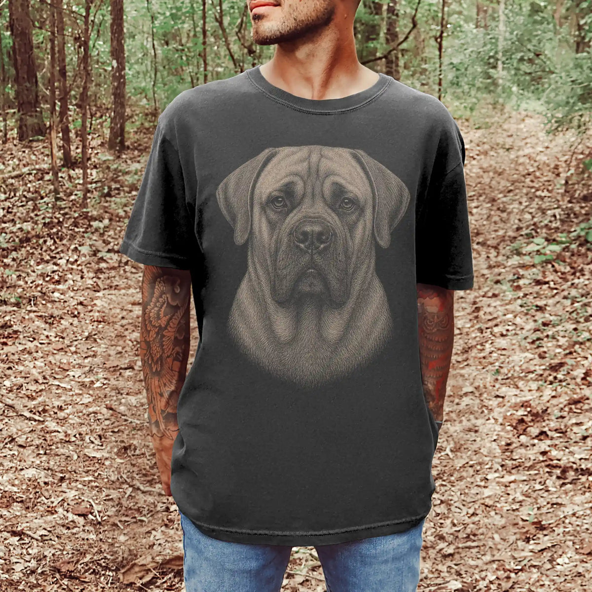 Model wearing a Pepper Comfort Colors® T-shirt with a realistic drawing of a Mastiff