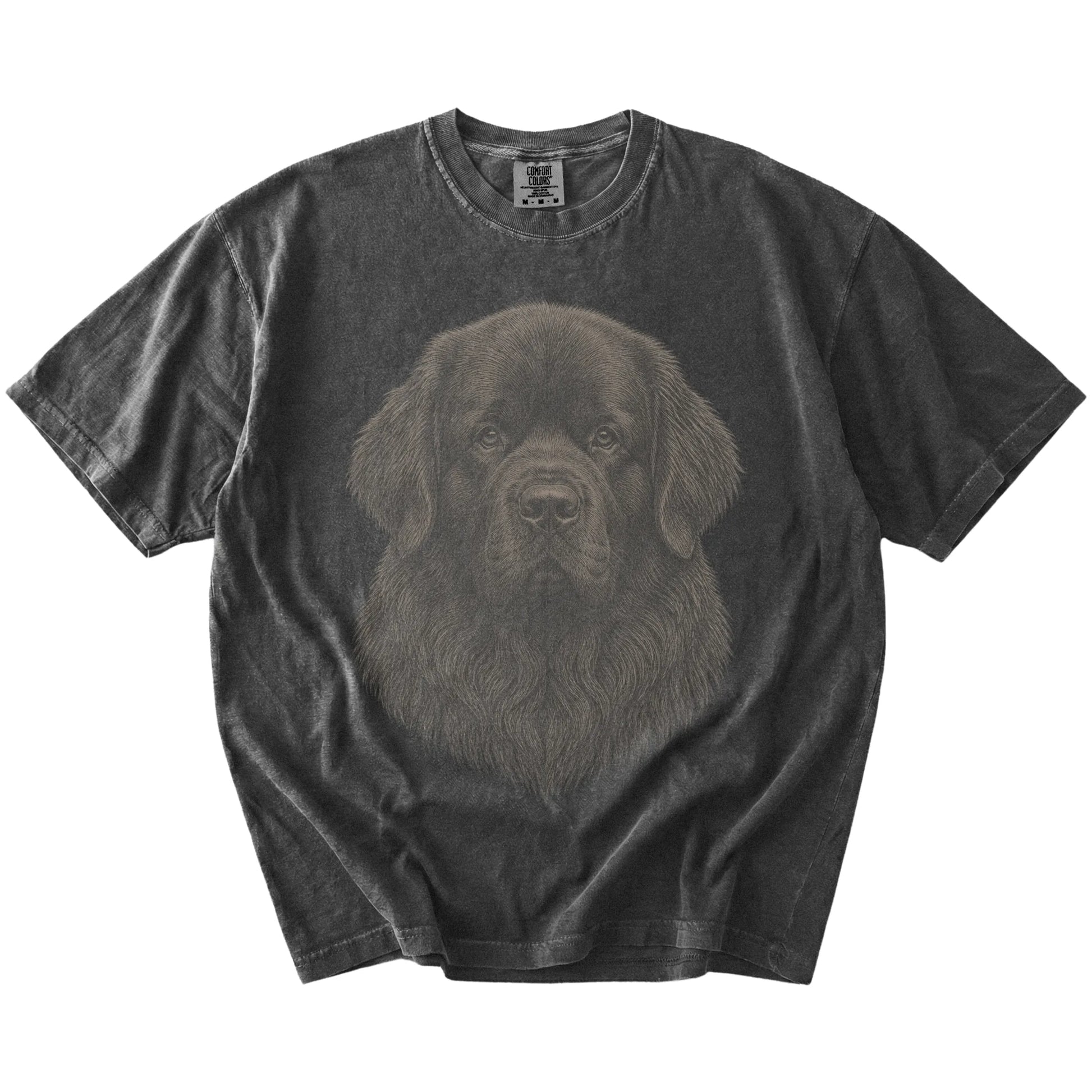 A realistic drawing of a Newfie on a Pepper Comfort Colors® T-shirt