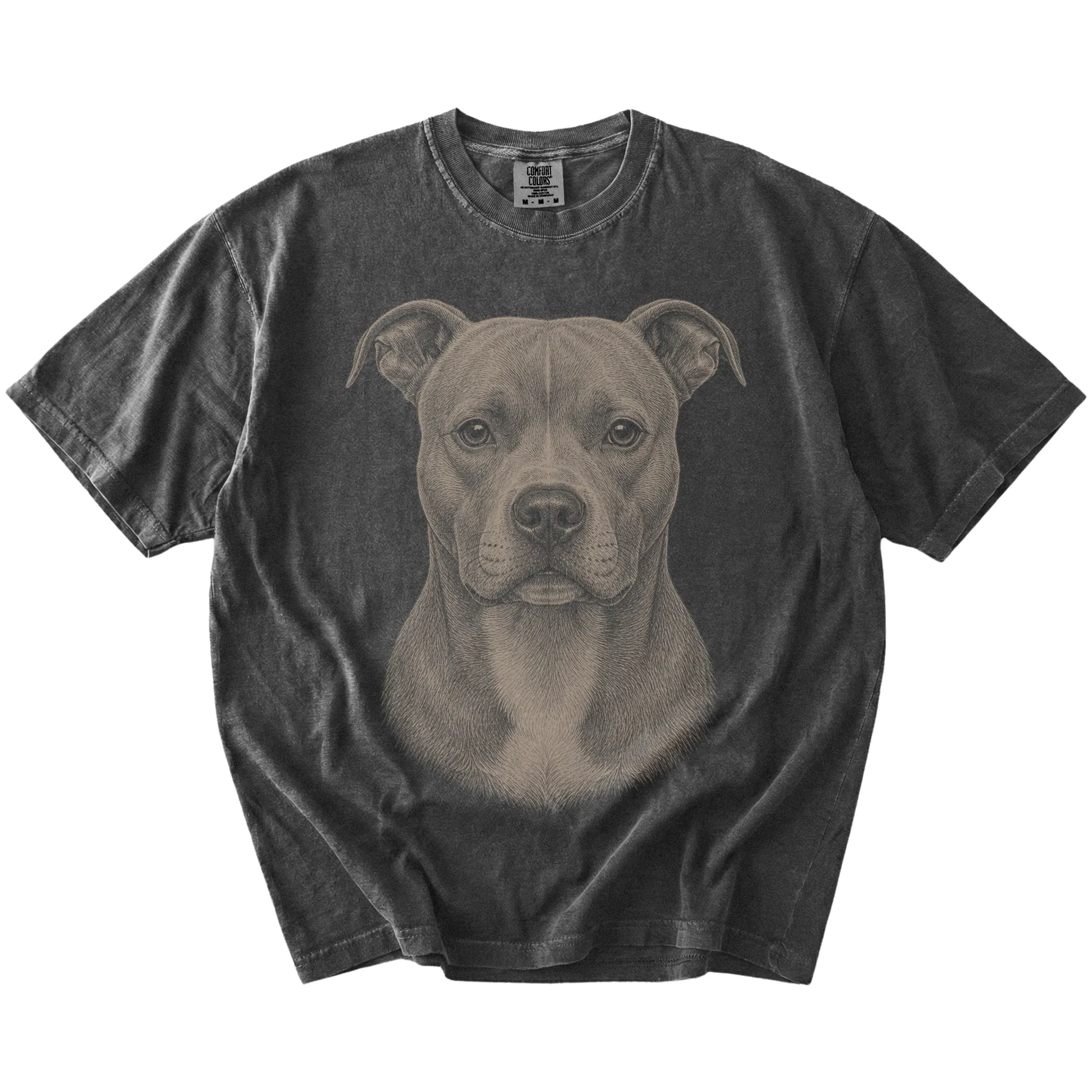 A realistic drawing of a Pitbull on a Pepper Comfort Colors® T-shirt