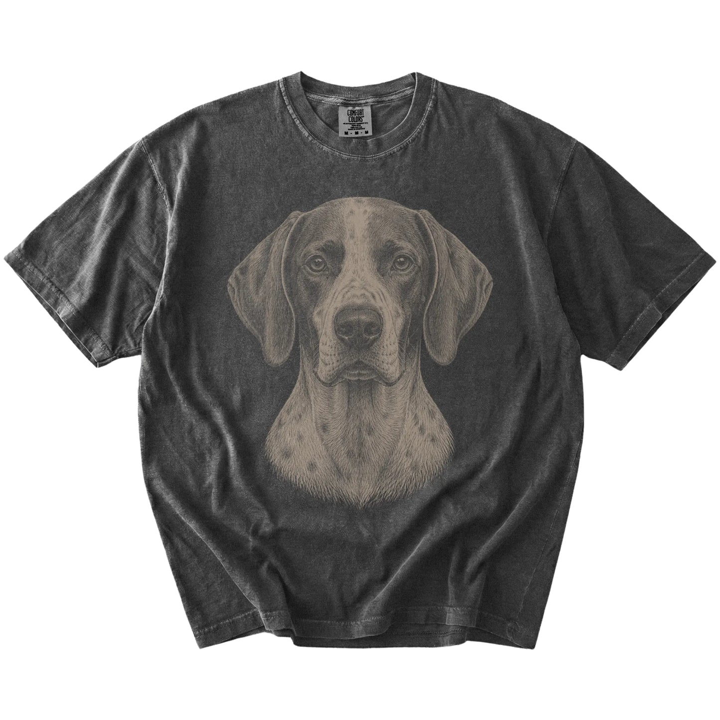 A realistic drawing of a Pointer on a Pepper Comfort Colors® T-shirt