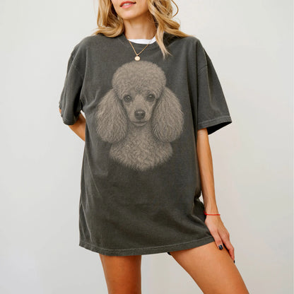 Model wearing a Pepper Comfort Colors® T-shirt with a realistic drawing of a Poodle