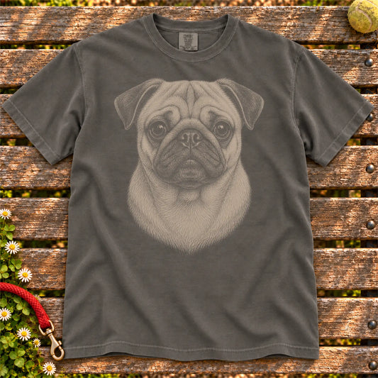 Realistic Drawing Pug design on a Pepper Comfort Colors T-shirt, shown flat
