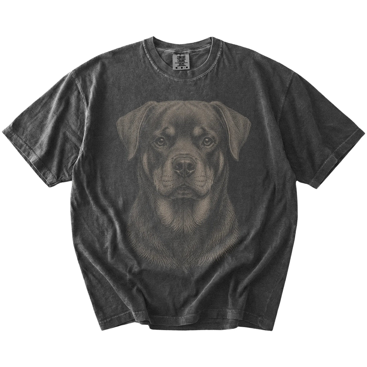 A realistic drawing of a Rottweiler on a Pepper Comfort Colors® T-shirt