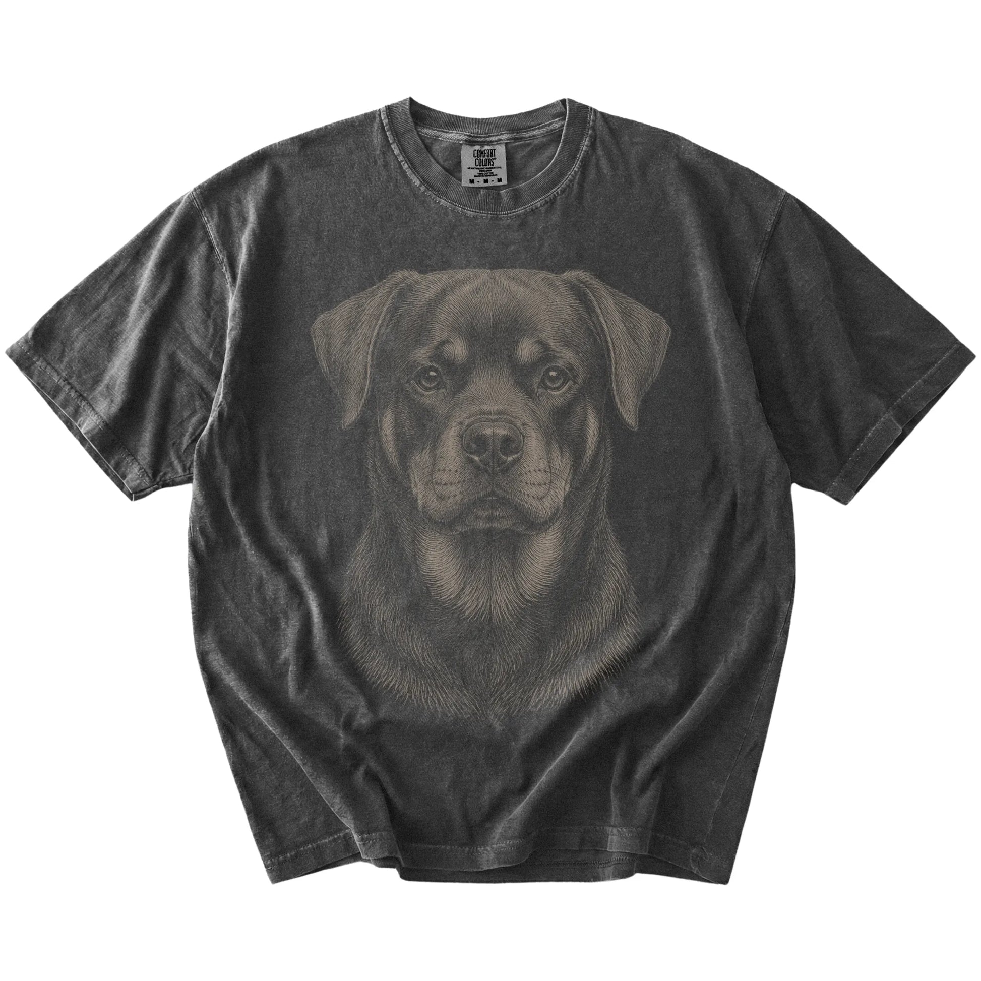 A realistic drawing of a Rottweiler on a Pepper Comfort Colors® T-shirt