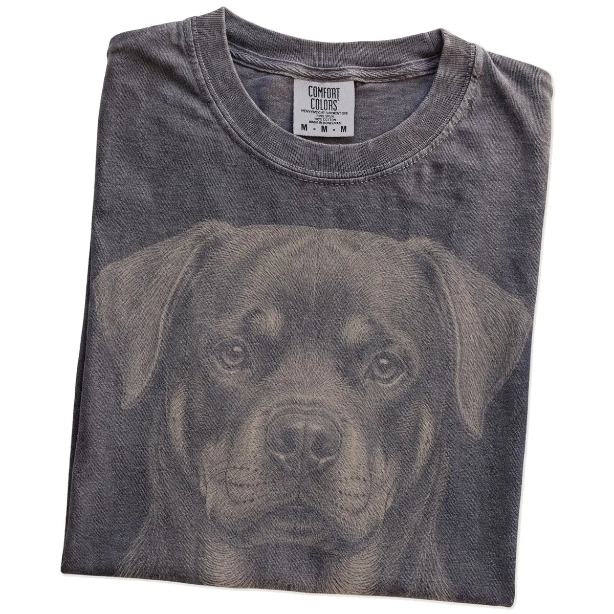 Folded Pepper Comfort Colors® T-shirt showing a realistic drawing of a Rottweiler