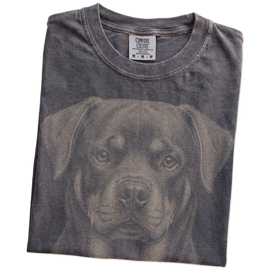 Folded Pepper Comfort Colors® T-shirt showing a realistic drawing of a Rottweiler