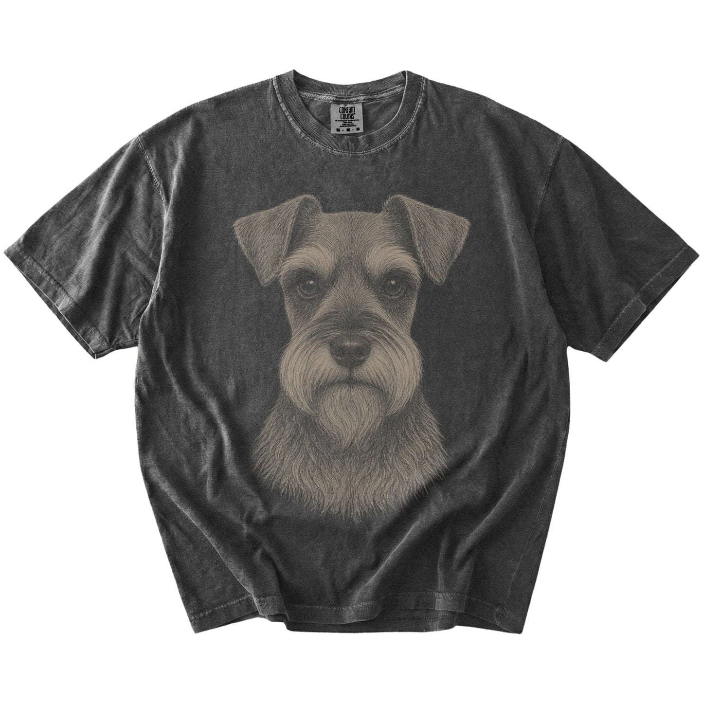 A realistic drawing of a Schnauzer on a Pepper Comfort Colors® T-shirt