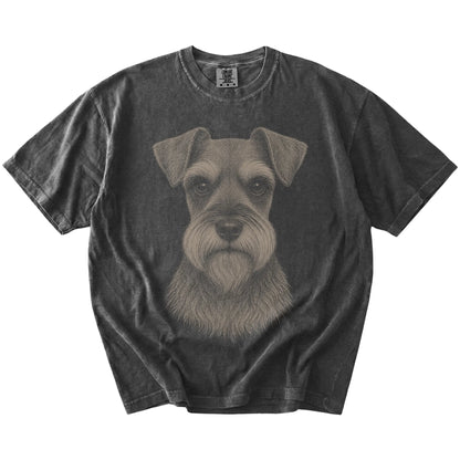 A realistic drawing of a Schnauzer on a Pepper Comfort Colors® T-shirt