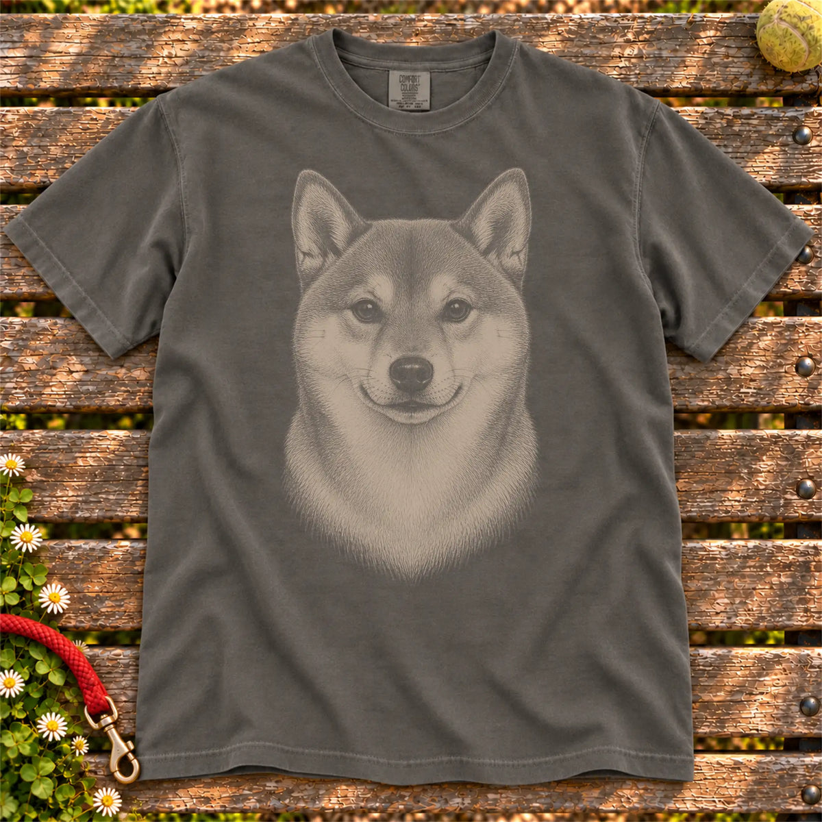Realistic Drawing Shiba Inu design on a Pepper Comfort Colors T-shirt, shown flat