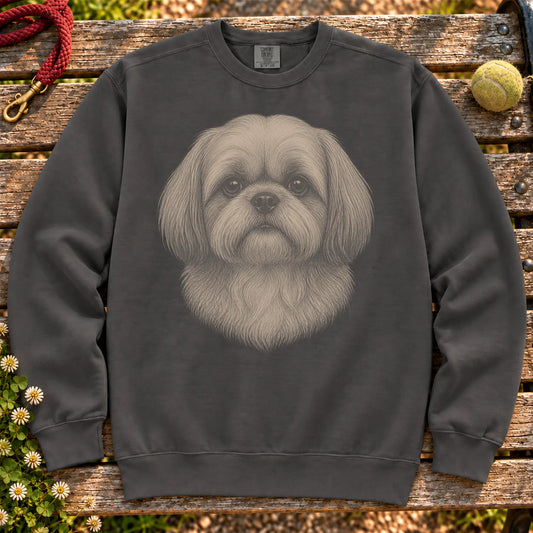 Shih Tzu Realistic Drawing on a Pepper crewneck sweatshirt, shown flat
