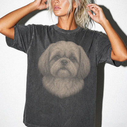 Model wearing a Pepper Comfort Colors® T-shirt with a realistic drawing of a Shih Tzu
