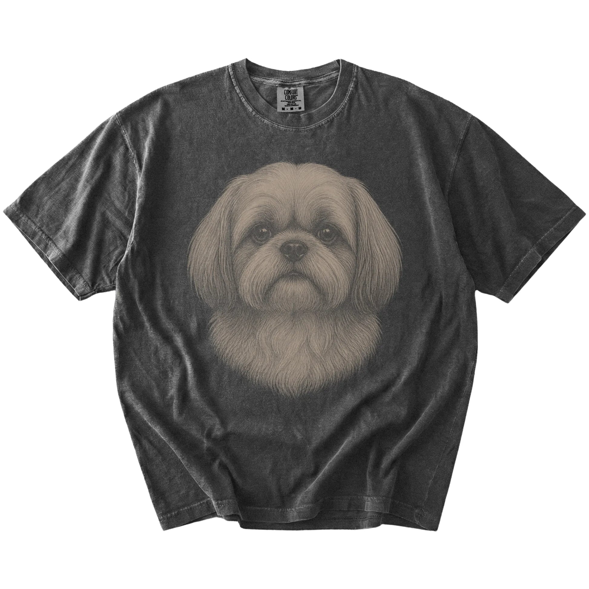 A realistic drawing of a Shih Tzu on a Pepper Comfort Colors® T-shirt