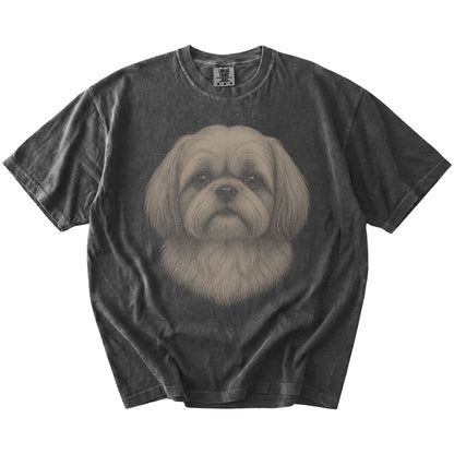 A realistic drawing of a Shih Tzu on a Pepper Comfort Colors® T-shirt