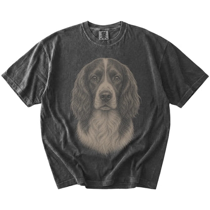 A realistic drawing of a Springer Spaniel on a Pepper Comfort Colors® T-shirt