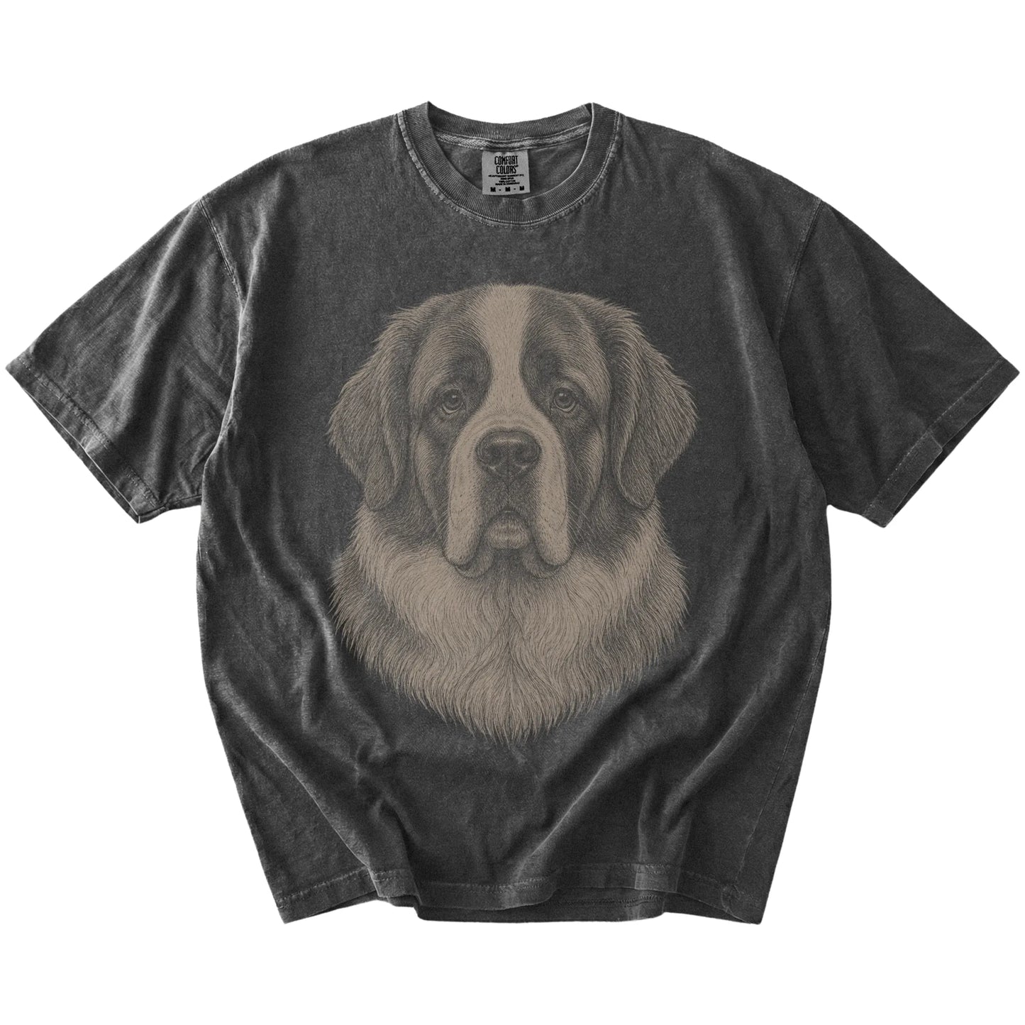 A realistic drawing of a St Bernard on a Pepper Comfort Colors® T-shirt