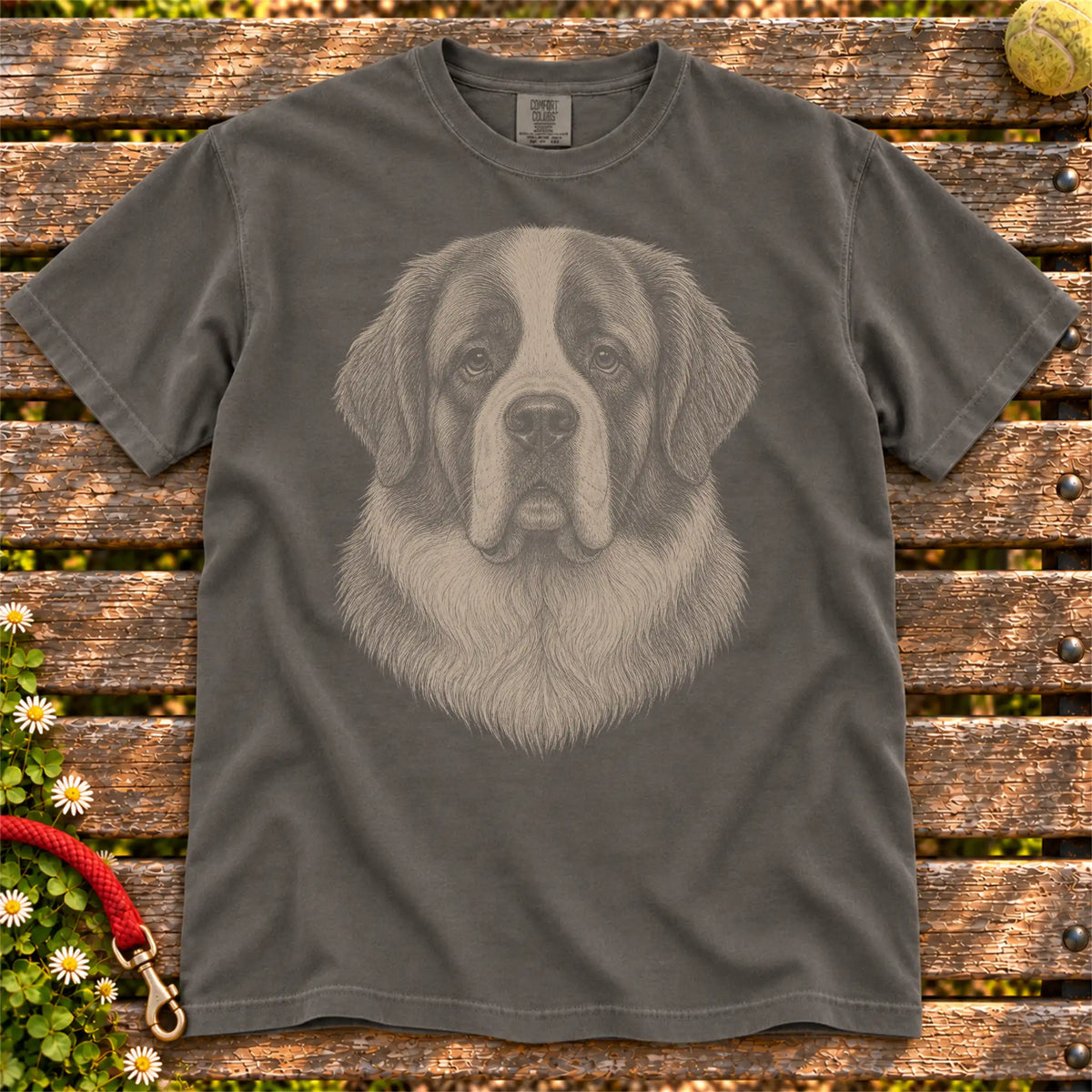 Realistic Drawing St Bernard design on a Pepper Comfort Colors T-shirt, shown flat