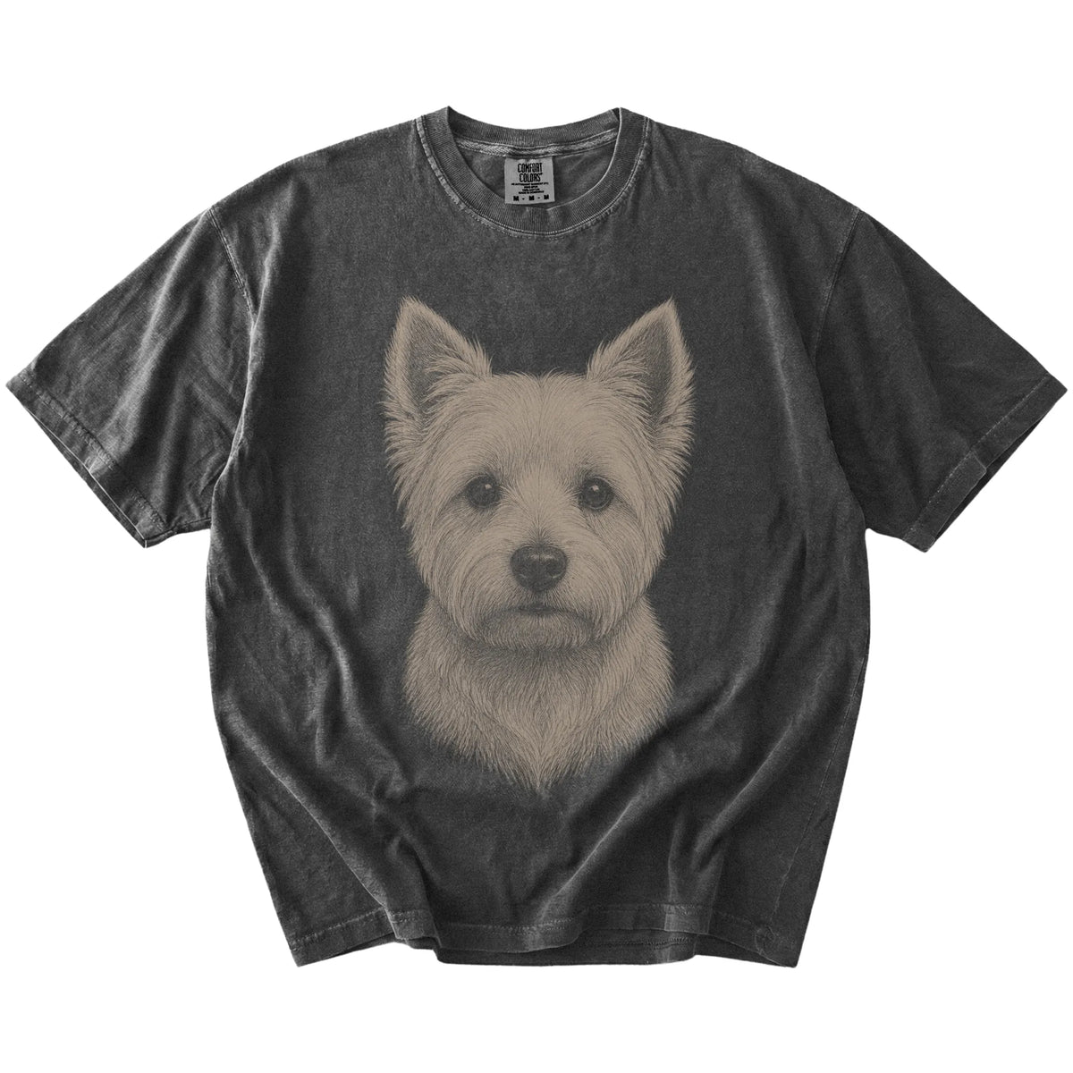A realistic drawing of a Westie on a Pepper Comfort Colors® T-shirt