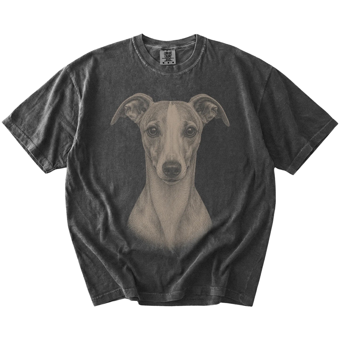 A realistic drawing of a Whippet on a Pepper Comfort Colors® T-shirt