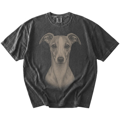 A realistic drawing of a Whippet on a Pepper Comfort Colors® T-shirt