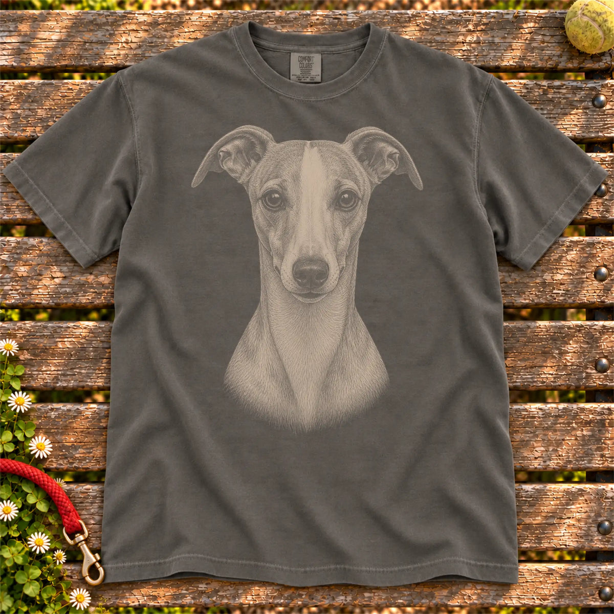 Realistic Drawing Whippet design on a Pepper Comfort Colors T-shirt, shown flat
