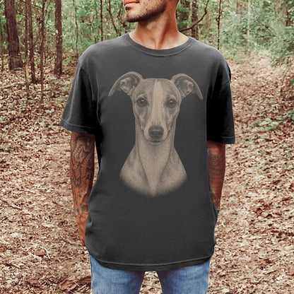 Model wearing a Pepper Comfort Colors® T-shirt with a realistic drawing of a Whippet