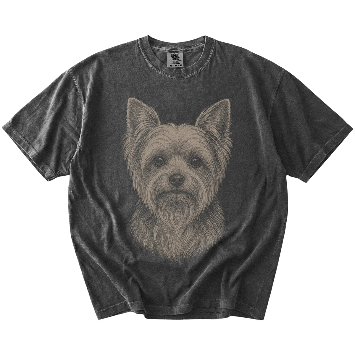 A realistic drawing of a Yorkie on a Pepper Comfort Colors® T-shirt