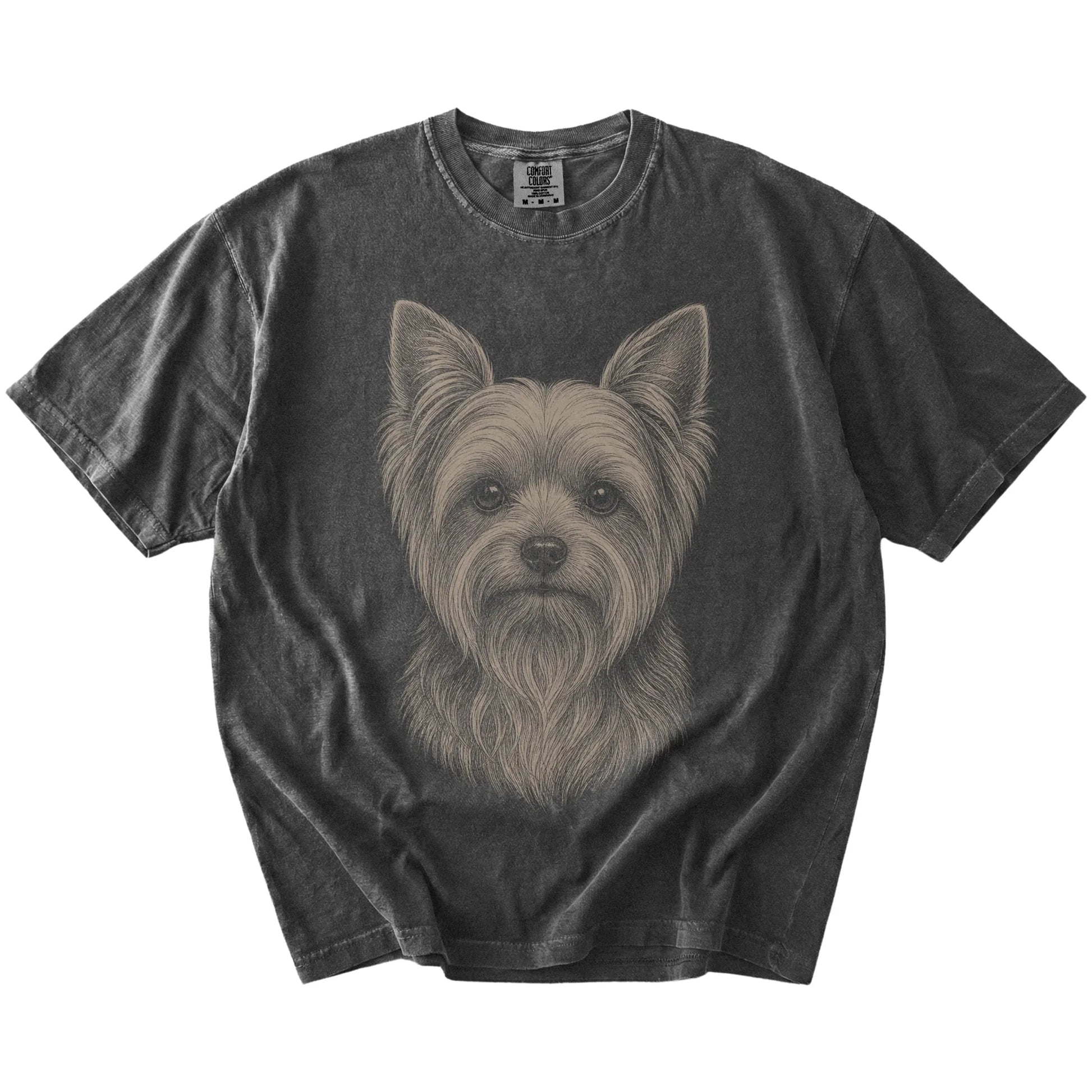 A realistic drawing of a Yorkie on a Pepper Comfort Colors® T-shirt