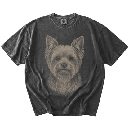 A realistic drawing of a Yorkie on a Pepper Comfort Colors® T-shirt