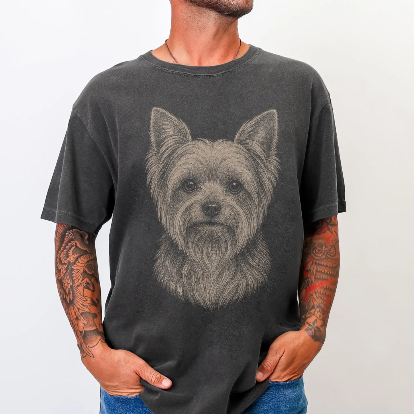 Model wearing a Pepper Comfort Colors® T-shirt with a realistic drawing of a Yorkie