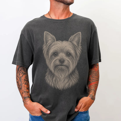 Model wearing a Pepper Comfort Colors® T-shirt with a realistic drawing of a Yorkie