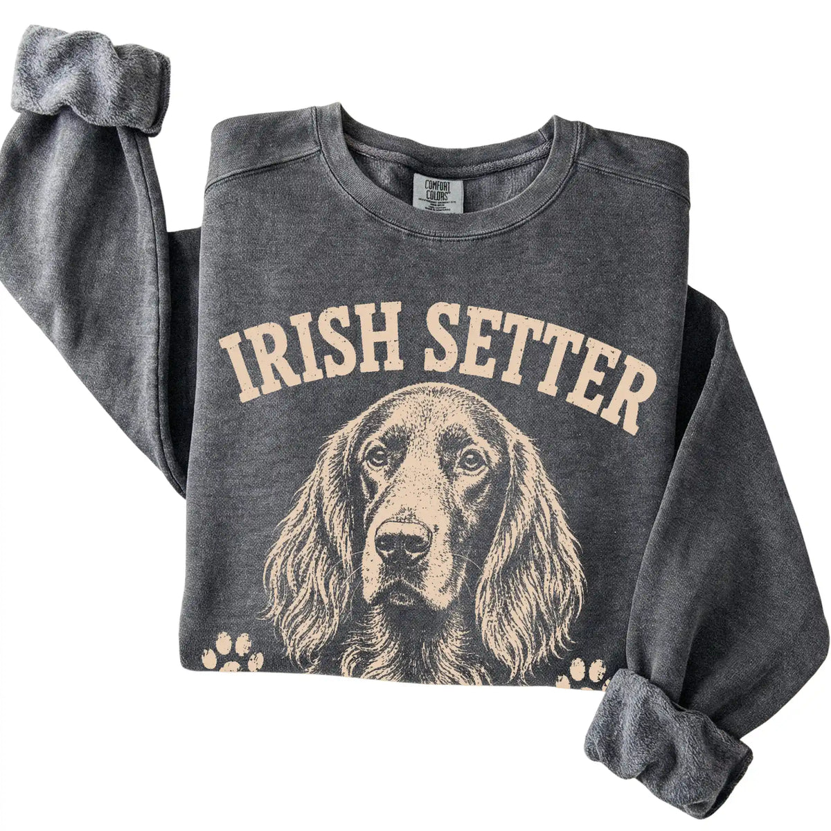 Pepper Comfort Colors® sweatshirt featuring Red Hair, Don't Care - Irish Setter, folded presentation