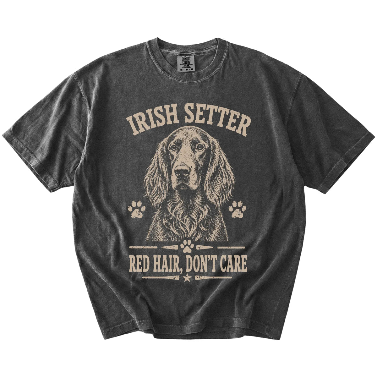 Irish Setter design with “Red Hair, Don't Care” lettering on a Pepper Comfort Colors® T-shirt