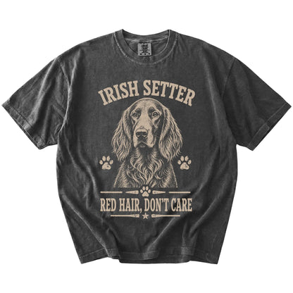 Irish Setter design with “Red Hair, Don't Care” lettering on a Pepper Comfort Colors® T-shirt