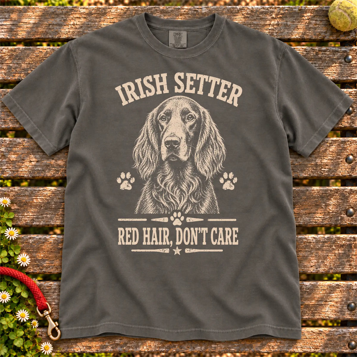 Irish Setter design with “Red Hair, Don't Care” lettering on a Pepper Comfort Colors® T-shirt
