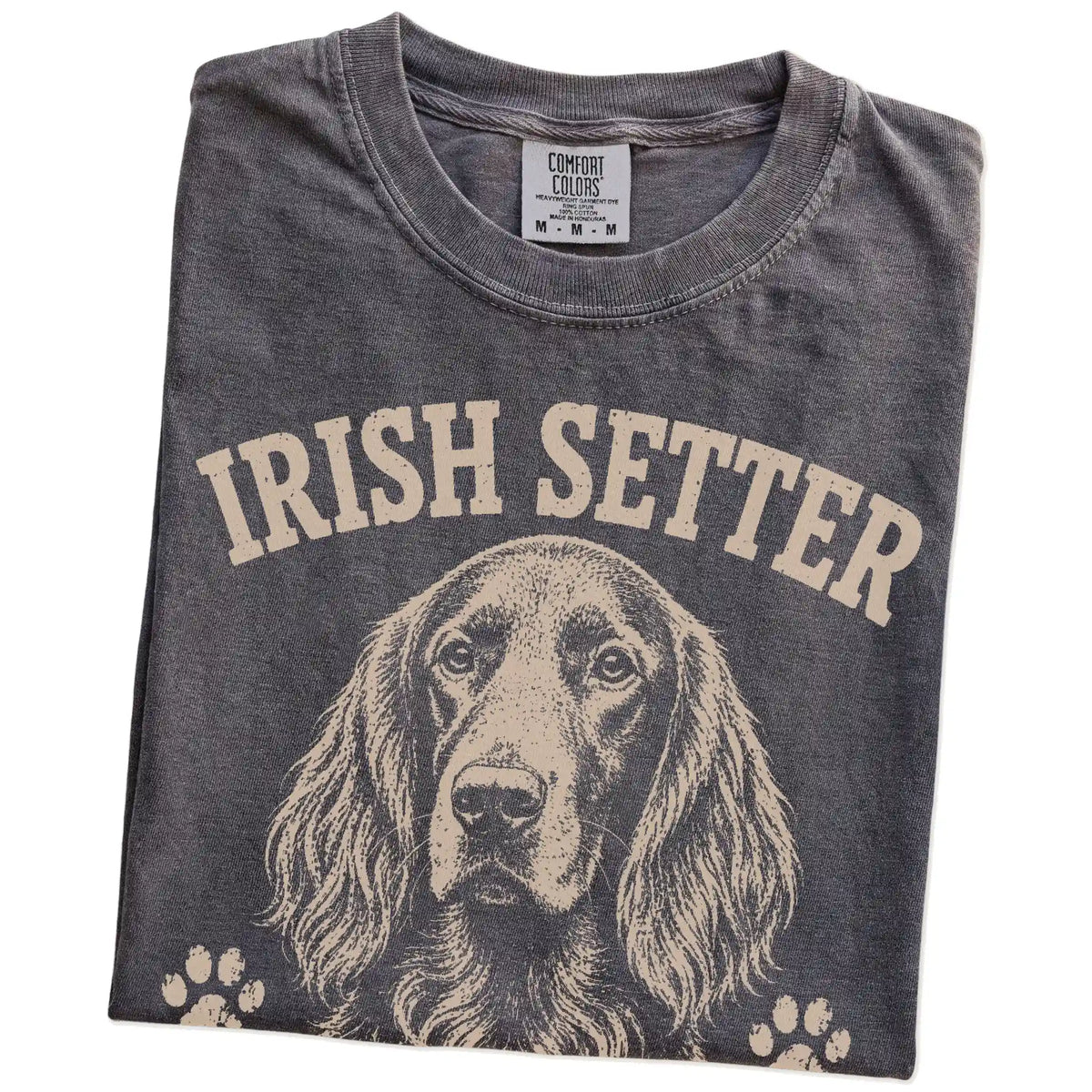Folded Pepper Comfort Colors® T-shirt showing Irish Setter design with “Red Hair, Don't Care” lettering